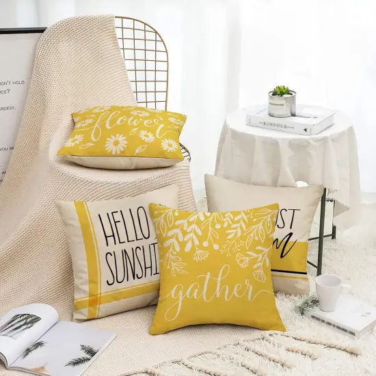 Hello Sunshine Decorative Throw Pillow Cover 20 x 20 Set of 4, Spring Summer Yellow Daisy Floral Flower Porch Patio Outdoor Pillowcase, Just Bloom Gather Sofa Couch Cushion Case {3}