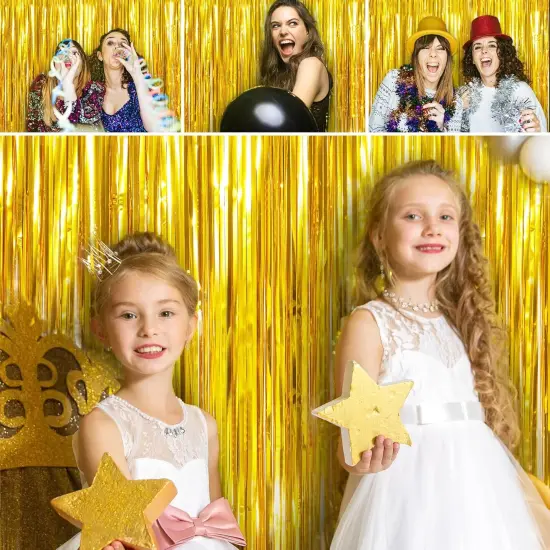 2 Pack Photo Booth Backdrop Metallic Tinsel Foil Fringe Curtains Environmental Background Streamers for Birthday Wedding Party Christmas Decorations (Gold Backdrop Curtain) {3}