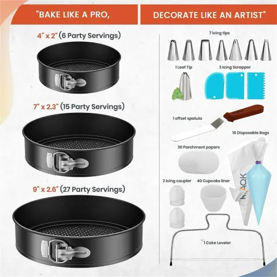 100PCs Cake Pan Sets for Baking - Baking Supplies with 3 Nonstick Springform Pans (4, 7, 9 Inch), Piping Tips, Cake Leveler &ndash; Multifunctional Cheesecake Pan, Baking Pans Set & eBook {2}