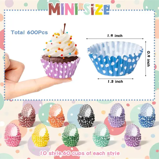 Mini Cupcake Liners Baking Cups - R HORSE 600Pcs Polka Dots Mini Size Cupcake Cups for Baking, Multi-color Disposable Cupcake Paper Baking Cups Cupcake Wrapper, Gift for Women Baking Cooking Lovers {2}