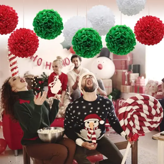 Red Green White Paper Pom Poms, Party Decoration Kit 21pcs of 8,10,12 inch Tissue Flowers for Christmas Graduation Birthday Fiesta Celebration Events {3}