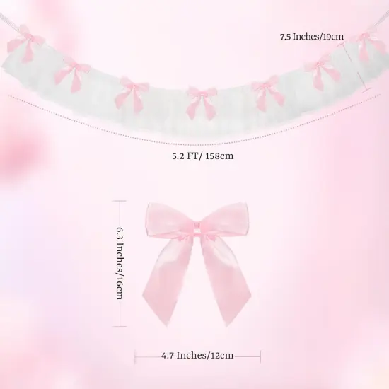 Bow Garland Banner, Pink Bow Birthday Party Decorations, 5.1ft Lace and Satin Ribbon Bows Hanging Banner with 7 Bows for Coquette Birthday Bachelorette Party Wedding Engagement Decor {4}