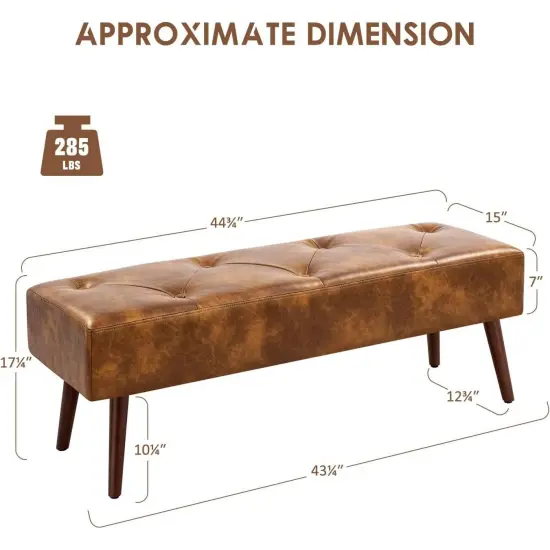Leather Tufted Bed Bench with Metal Finish and Wood Legs Brown {4}