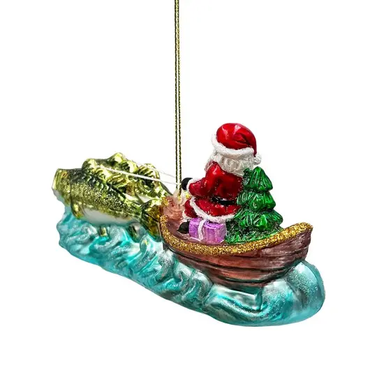 Santa's Fishing Adventure Glass Christmas Ornament, Holiday Angler Fish in Sleigh {5}