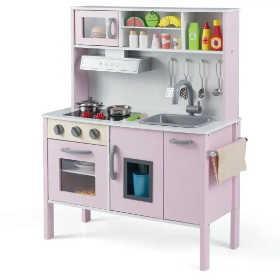 Costway Kids Kitchen Playset Wooden Pretend Play Chef Toy with Microwave & Accessories Pink/White {10}