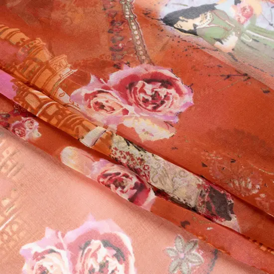 1 Yard Pink, Orange and Green Vivid Traditions Silk Chiffon Fabric Floral Conversational, 54 Inches Width {3}
