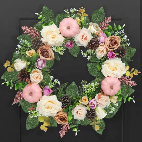 24 Inch Large Autumn Fall Wreath with Pink Pumpkins (Pink) {1}