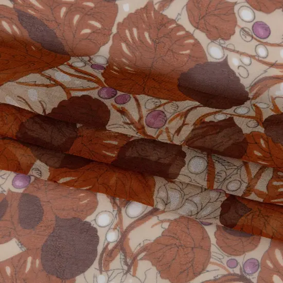 1 Yard Cinnamon Cream Plum Leaves Berries Silk Chiffon 45 inch Width {1}