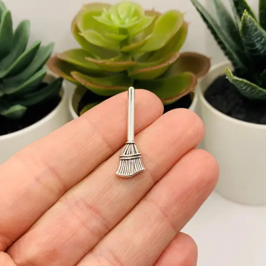 Silver Witch Halloween Broom 3D Charms, 27x10mm {2}