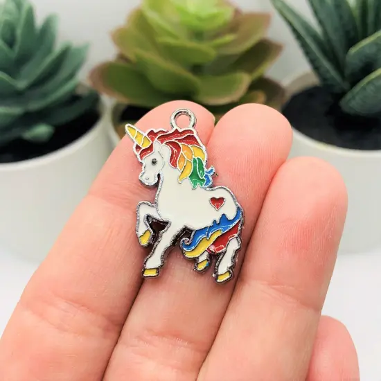 White and Rainbow Enamel Unicorn Charms, 20x10mm {3}