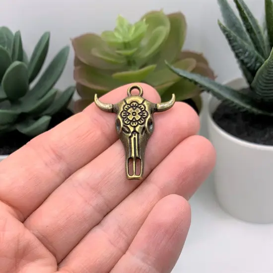 Bronze Cattle Steer Skull Charms, 32x26mm {2}