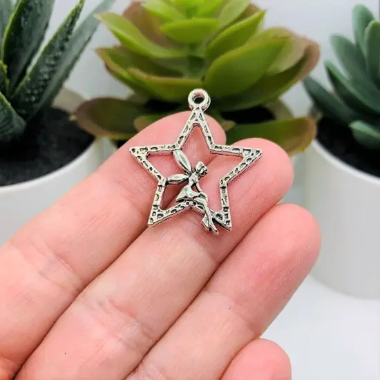 Silver Fairy on Star Charms, 29x25mm {2}