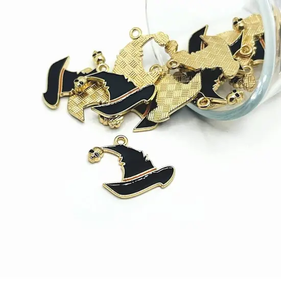 Black Enamel Witch Hat Charms with Skull Tassel, 19x22mm {1}