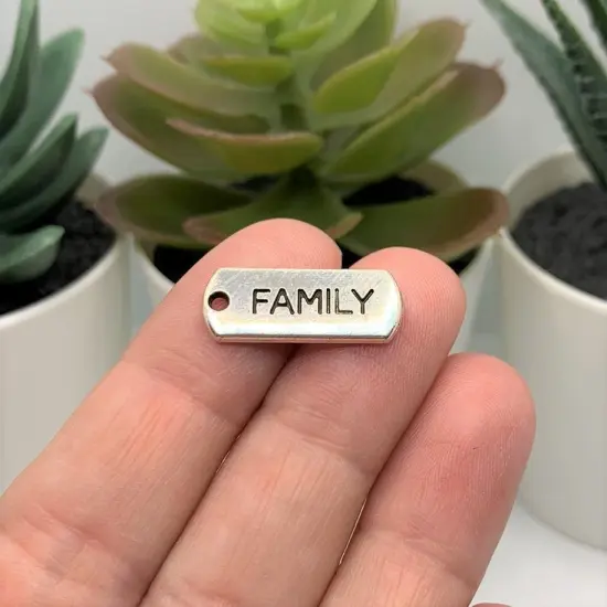 Silver Family Word Bar Tag Charms, 8x21mm {2}
