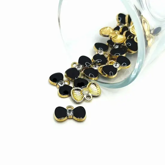 Small Black and Gold Bow Charms with Rhinestone, 9x15mm {1}