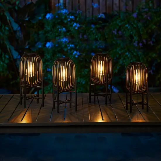 Set of 2/4 Black Metal Stripes Solar Powered Edison Bulb Outdoor Lantern with Stand {2}