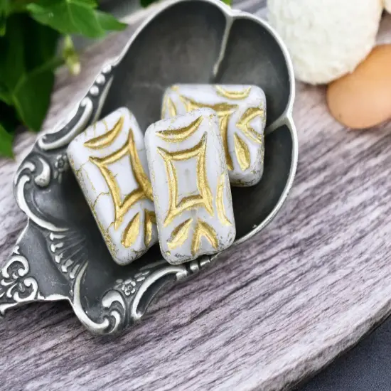 *6* 19x13mm Bronze Washed Matte White Opal Rectangle Beads {3}