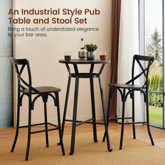 3 Piece Pub Table and Bar Chair Set - Steel Round Bar Table and Bar Chair Set Black {3}