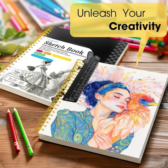 9" x 12" Sketch Book with Bookmark Ruler, 100 Sheets Spiral Sketchbook for Drawing (68lb/100gsm), Acid Free Sketch Pad Artist Sketching Drawing Paper for Kids Teens Adults Artists {6}