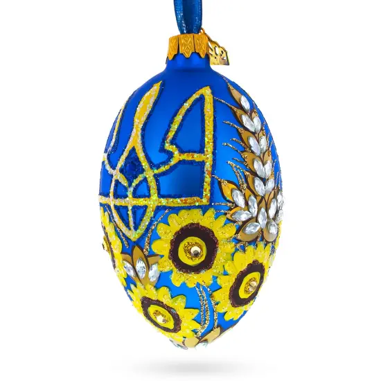 Ukrainian Coat of Arms and Sunflowers Glass Egg Ornament 4 Inches {4}