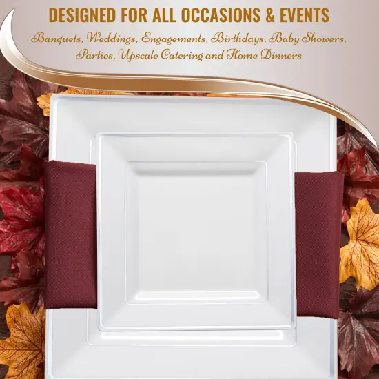 White with Silver Square Edge Rim Plastic Dinner Plates - 9.5" (120 Plates) {6}