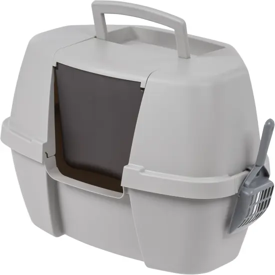 IRIS USA Large Hooded Corner Cat Litter Box with Scoop Gray {1}