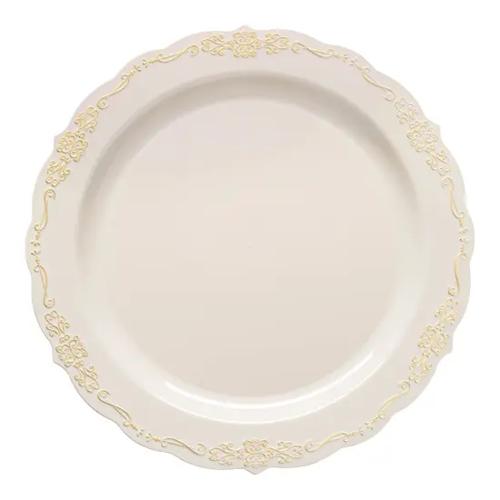Ivory with Gold Vintage Rim Round Disposable Plastic Appetizer/Salad Plates - 7.5" (120 Plates) {2}