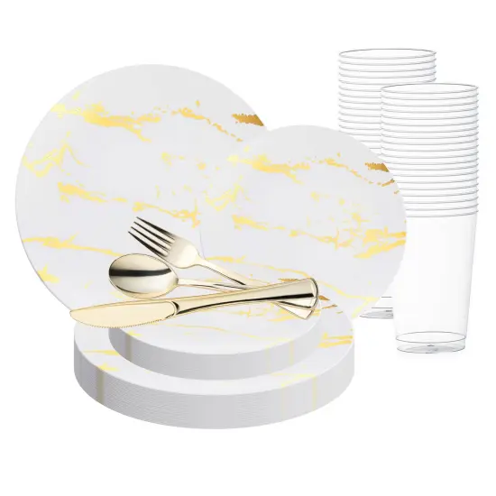 White with Gold Marble Stroke Round Disposable Plastic Wedding Value Set (120 Settings) {1}