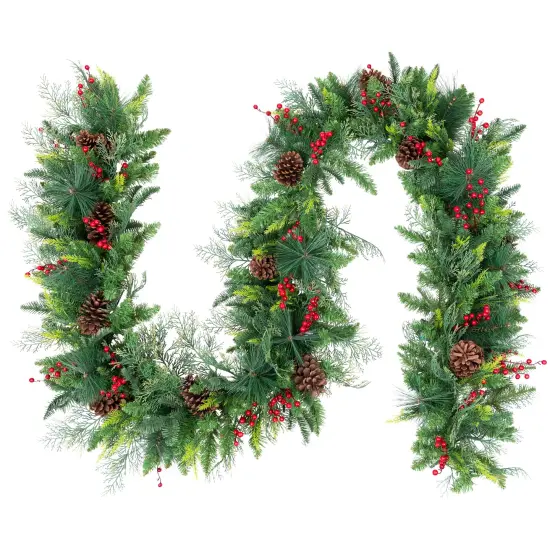 Northlight Mixed Pine with Berries Artificial Christmas Garland- 10' x 15" - Unlit Green {3}
