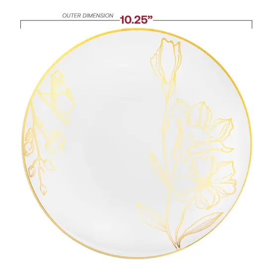White with Gold Antique Floral Round Disposable Plastic Dinner Plates - 10.25" (120 Plates) {3}