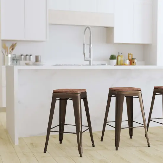 Merrick Lane Brooklyn 24 Inch Tall Stackable Metal Bar Counter Stool With Textured Elm Wood Seat In Set Of 4 Gun Metal {6}