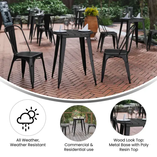Merrick Lane Dryden Indoor/Outdoor Dining Table, 23.75" Round All Weather Poly Resin Top with Steel Base BlackTop/BlackFrame {4}