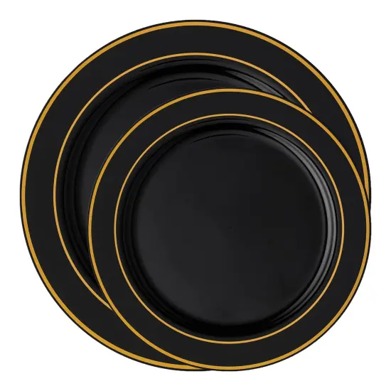 Black with Gold Edge Rim Plastic Dinnerware Value Set (120 Guests) {2}