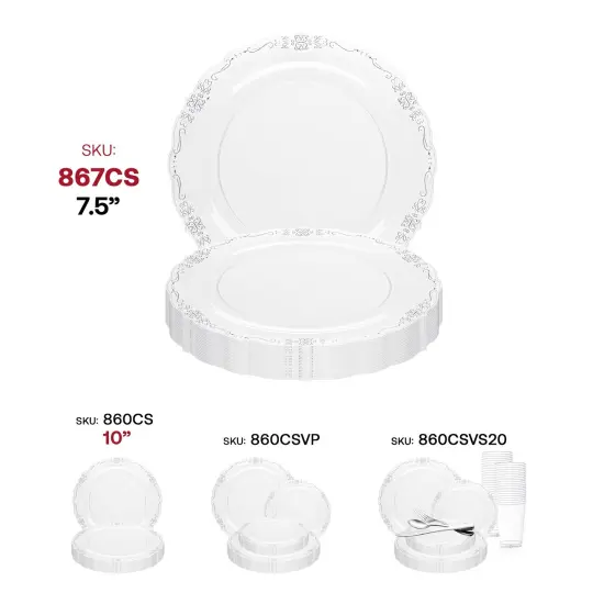Clear with Silver Vintage Rim Round Disposable Plastic Appetizer/Salad Plates - 7.5" (120 Plates) {6}