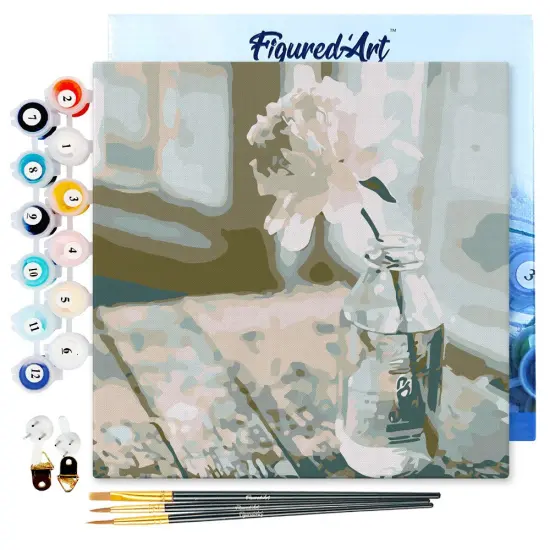 Figured'Art Mini Paint by Numbers Kit for Adults with Frame White Flower Small format 8"x8" - Craft Art Painting DIY Canvas Already Stretched on a Wooden Frame {1}