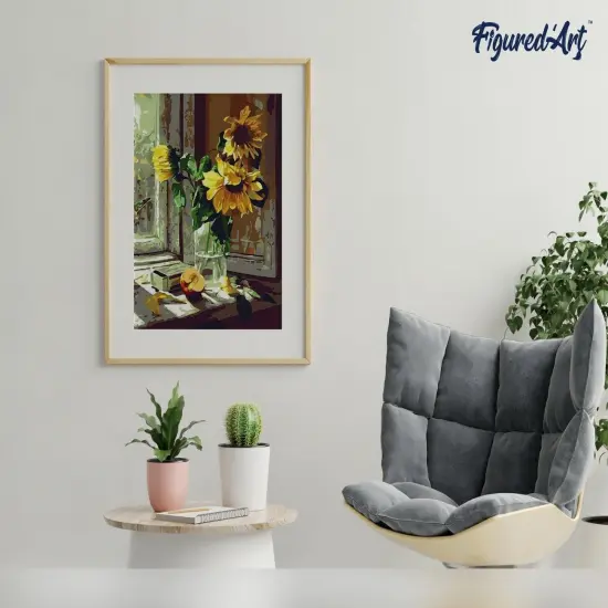 Figured'Art Paint by Numbers for Adults Sunflowers and apple in front of the window 16"x20" - Craft Art Painting DIY Kit Rolled Canvas without frame {4}