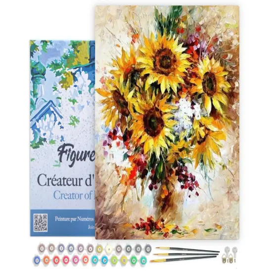 Figured'Art Paint by Numbers Kit for Adults with Frame Pretty Sunflowers 16"x20" - Craft Art Painting DIY Kit Canvas Already Stretched on a Wooden Frame {1}