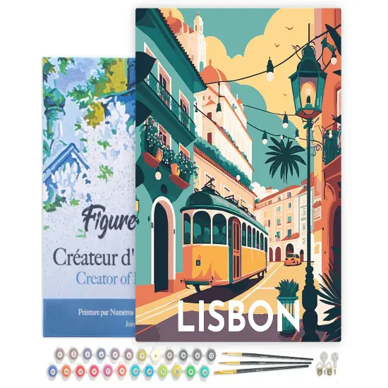 Figured'Art Paint by Numbers for Adults with Frame Travel Poster Lisbon 16"x20" - Craft Art Painting DIY Kit Canvas Already Stretched on a Wooden Frame {1}