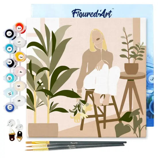 Figured'Art Mini Paint by Numbers Kit for Adults with Frame Woman in the room with plants Small format 8"x8" - Craft Art Painting DIY Canvas Already Stretched on a Wooden Frame {1}