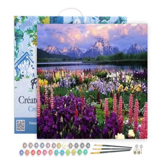 Figured'Art Paint by Numbers Kit for Adults with Frame Flowers and Lake near the Mountain 16"x20" - Craft Art Painting DIY Kit Canvas Already Stretched on a Wooden Frame {1}