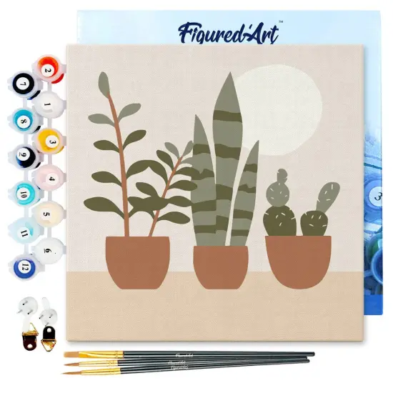 Figured'Art Mini Paint by Numbers Kit for Adults with Frame Three plant pots Small format 8"x8" - Craft Art Painting DIY Canvas Already Stretched on a Wooden Frame {1}