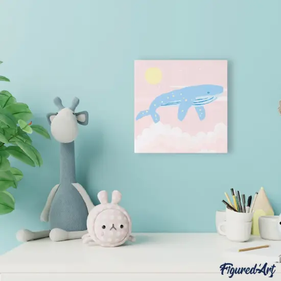 Figured'Art Mini Paint by Numbers Kit for Adults with Frame Pastel Flying Whale Small format 8"x8" - Craft Art Painting DIY Canvas Already Stretched on a Wooden Frame {2}