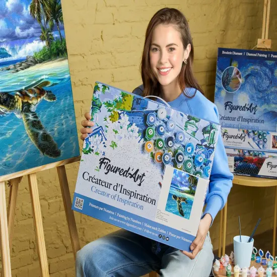 Figured'Art Paint by Numbers for Adults with Frame Relaxing Turtle 16"x20" - Craft Art Painting DIY Kit Canvas Already Stretched on a Wooden Frame {2}