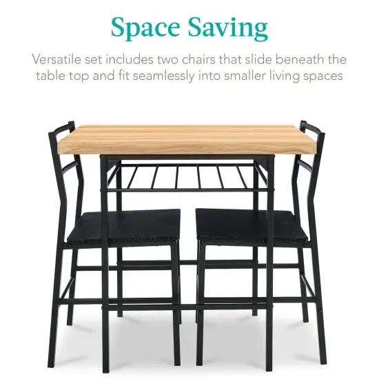 Best Choice Products 3-Piece Modern Dining Set, Square Table & Chairs Set w/ Steel Frame, Built-In Storage Rack Oak/Black {3}