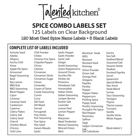 Talented Kitchen 125-Pack Spice Labels Stickers, Clear Spice Jar Labels Preprinted for Seasoning Herbs, Kitchen Spice Rack Organization, Water Resistant (Black) {4}