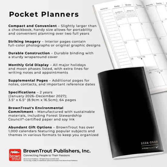 ViewPoint Black | 2026-2027 3.5 x 6.5 Inch Two Year Monthly Pocket Planner Calendar | Foil Stamped Cover {6}