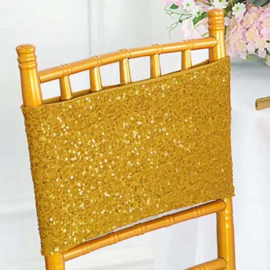 10 Pieces Glamorous Gold Sequin Stretch Spandex Chair Bands 7 x 13 Inches {4}
