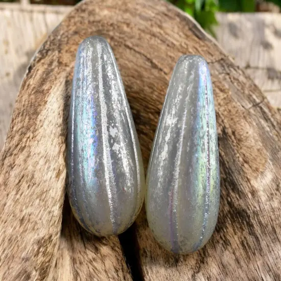 *6* 22x11mm Silver Mercury Washed Grey Opaline AB Melon Drop Beads {3}