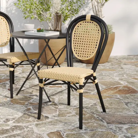 Merrick Lane Toulon Stacking Thonet Bistro Style Chair, PE Cane Rattan Seat, and Metal Frame for Indoor/Outdoor Use Natural/Black Frame {3}
