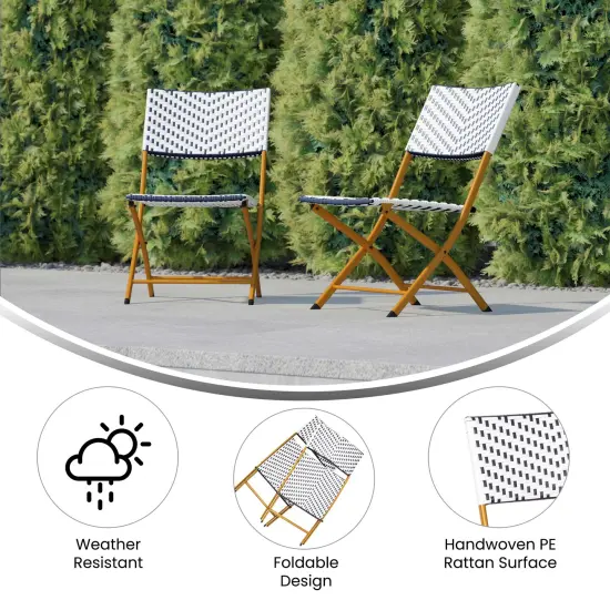 Emma and Oliver Ciel Set of Two Folding Bistro Chairs in PE Rattan with Metal Frames for Indoor and Outdoor Use Navy & White {4}